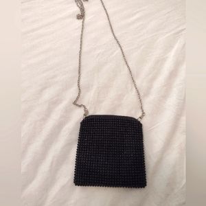 Unbranded small 5x5 black beaded evening shoulderbag with 45" silver metal chain